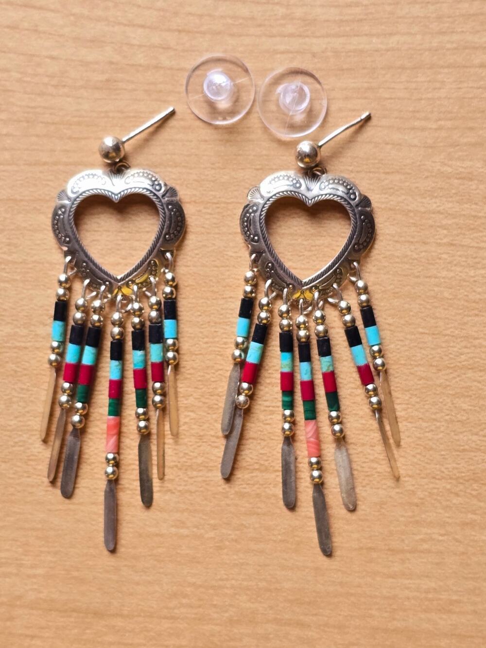 QT Quoc Turquoise Sterling Sliver Southwestern Heart Concho Drop Earrings